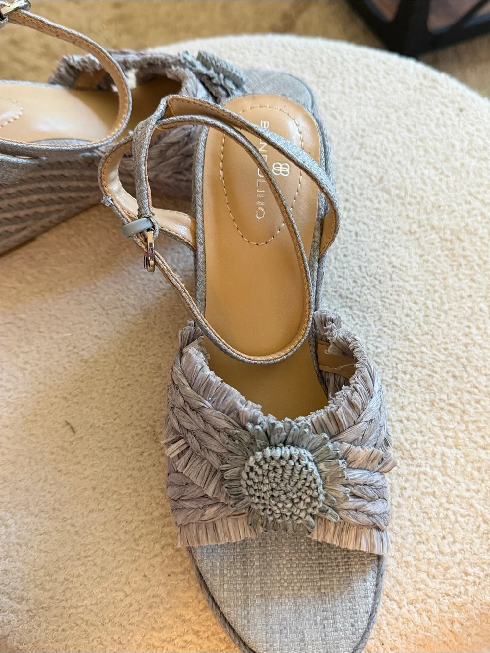 Bandolino Neutral Raffia Flower Strap Sandals
